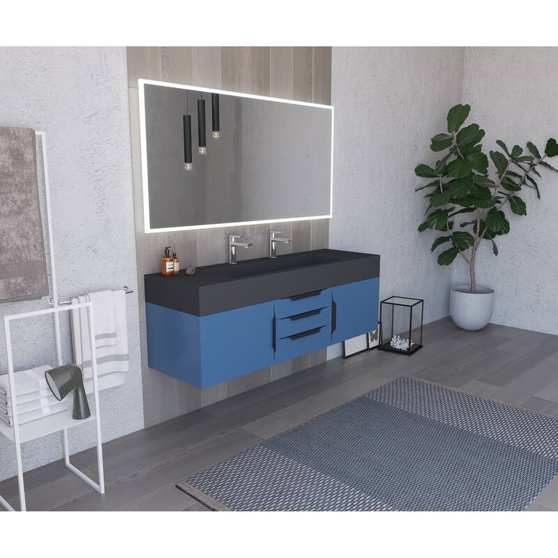Nile 60" Wall Mounted Bathroom Vanity Set w/ Black Top