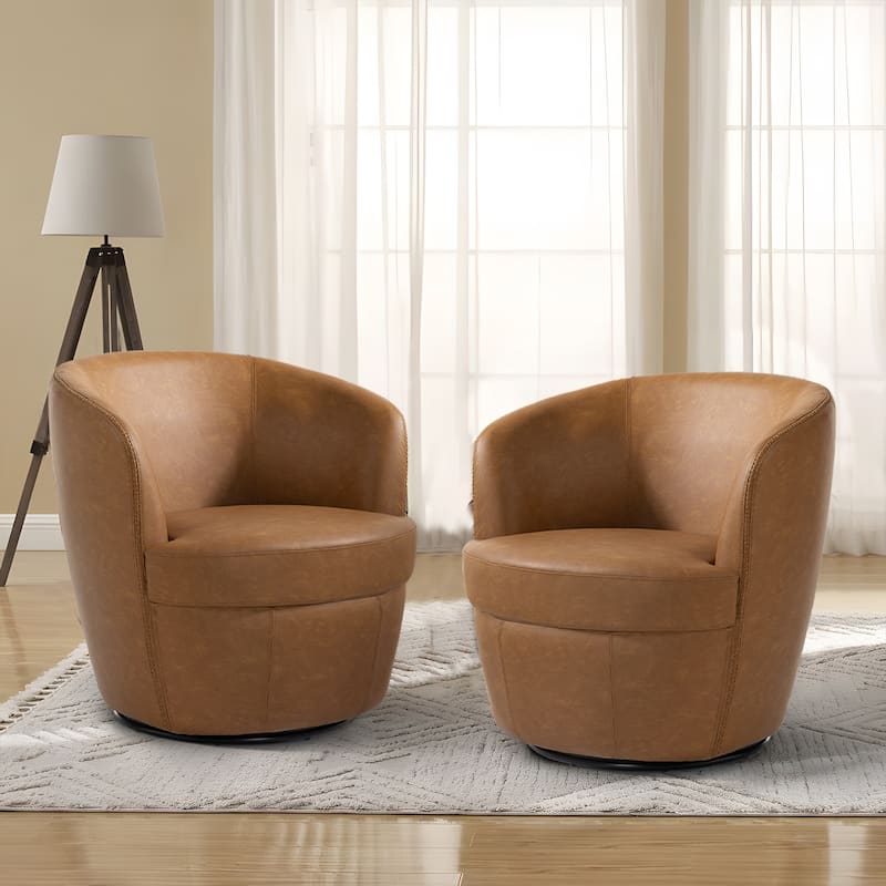 2 Set Faux Leather Club Swivel Barrel Accent Chair - Light Brown