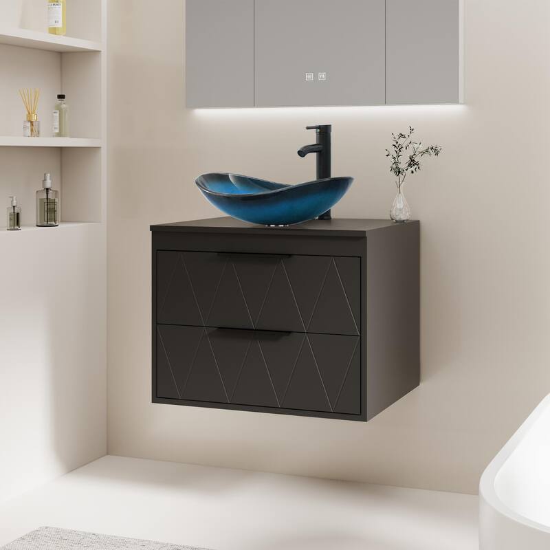 Modern Wall Mounted Bathroom Vanity Set with Vessel Sink & Faucet - black-24 in - 24-2 Glass blue boat sink
