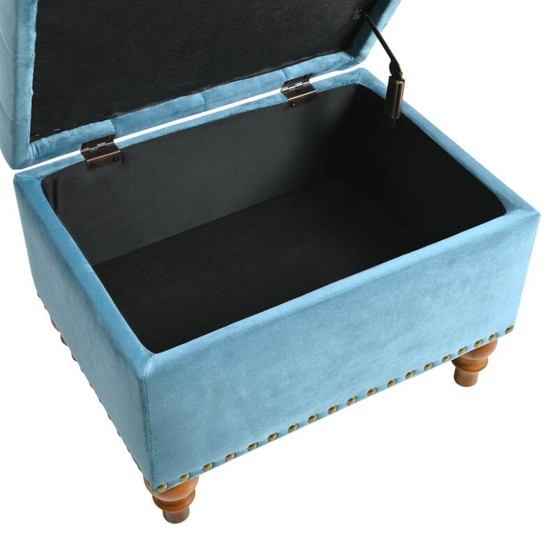 Square Velvet Ottoman with Storage Space & Rivet Trim Around