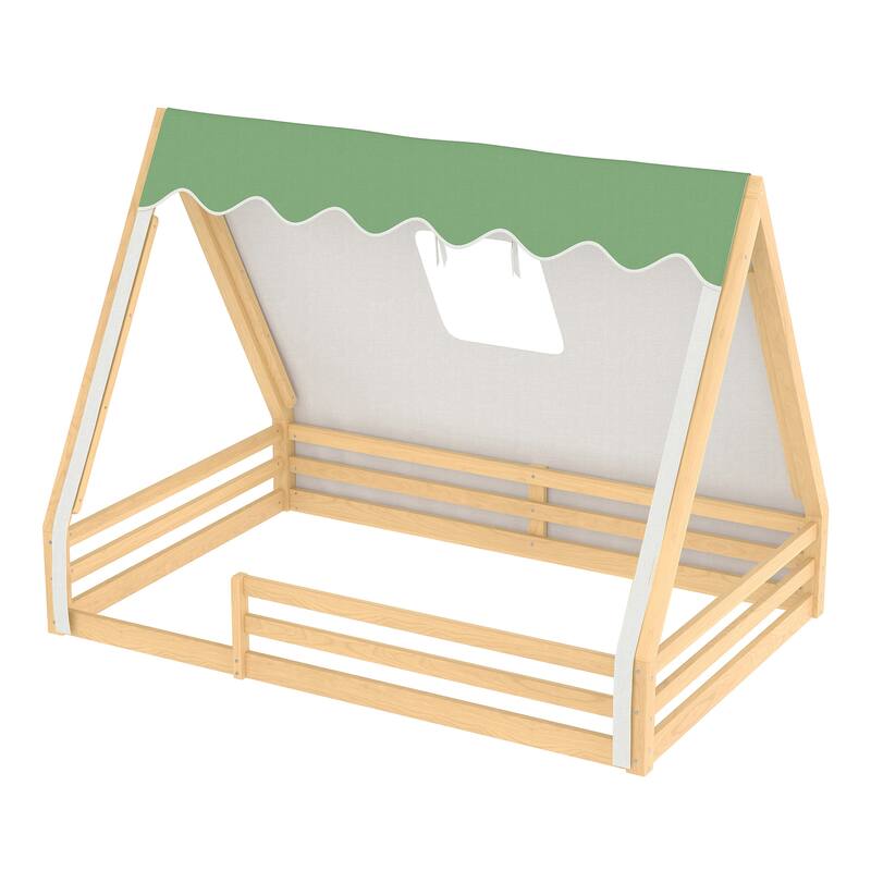 Full/Twin House Floor Bed with Tent, LED Light & Guardrails