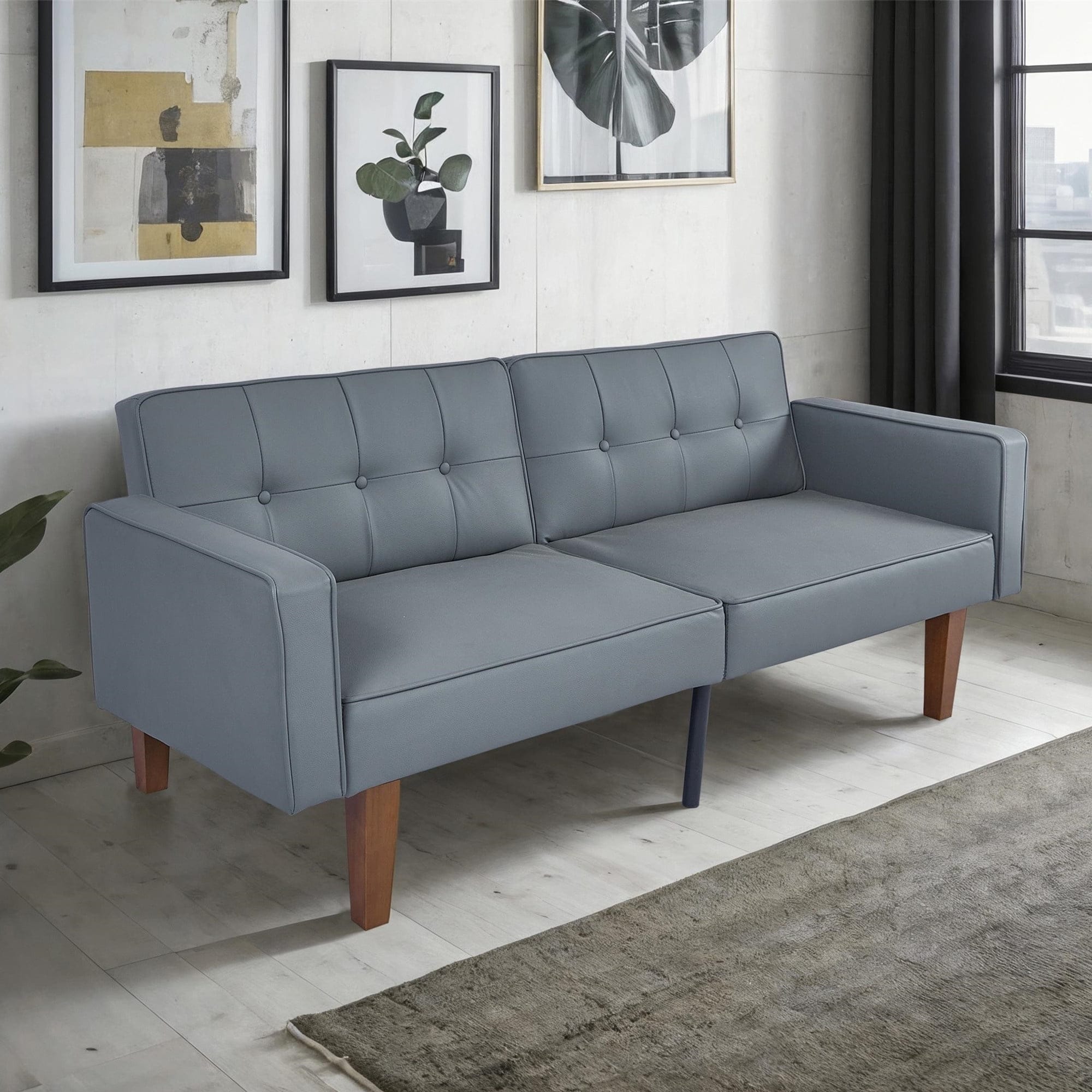 68-inch Convertible PU Leather Futon Sofa Bed, Tufted Back, Gray, 600lb Capacity, Multi-Position Recliner