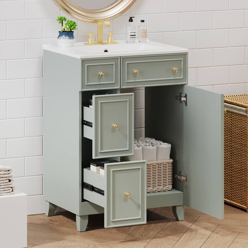 24 Inch Bathroom Vanity Cabinet with Ceramic Sink, 2 Drawers & Door, Bathroom Storage Cabinet Free-standing Single Sink Cabinet