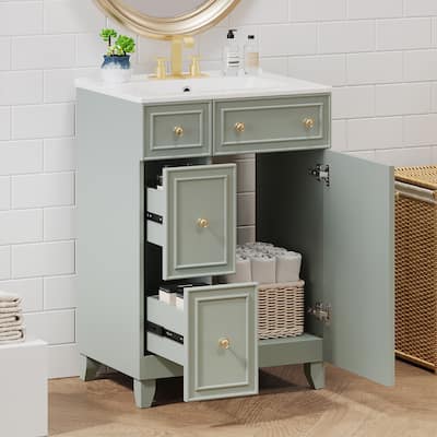24-Inch Bathroom Vanity Cabinet with Ceramic Sink and 2 Drawers