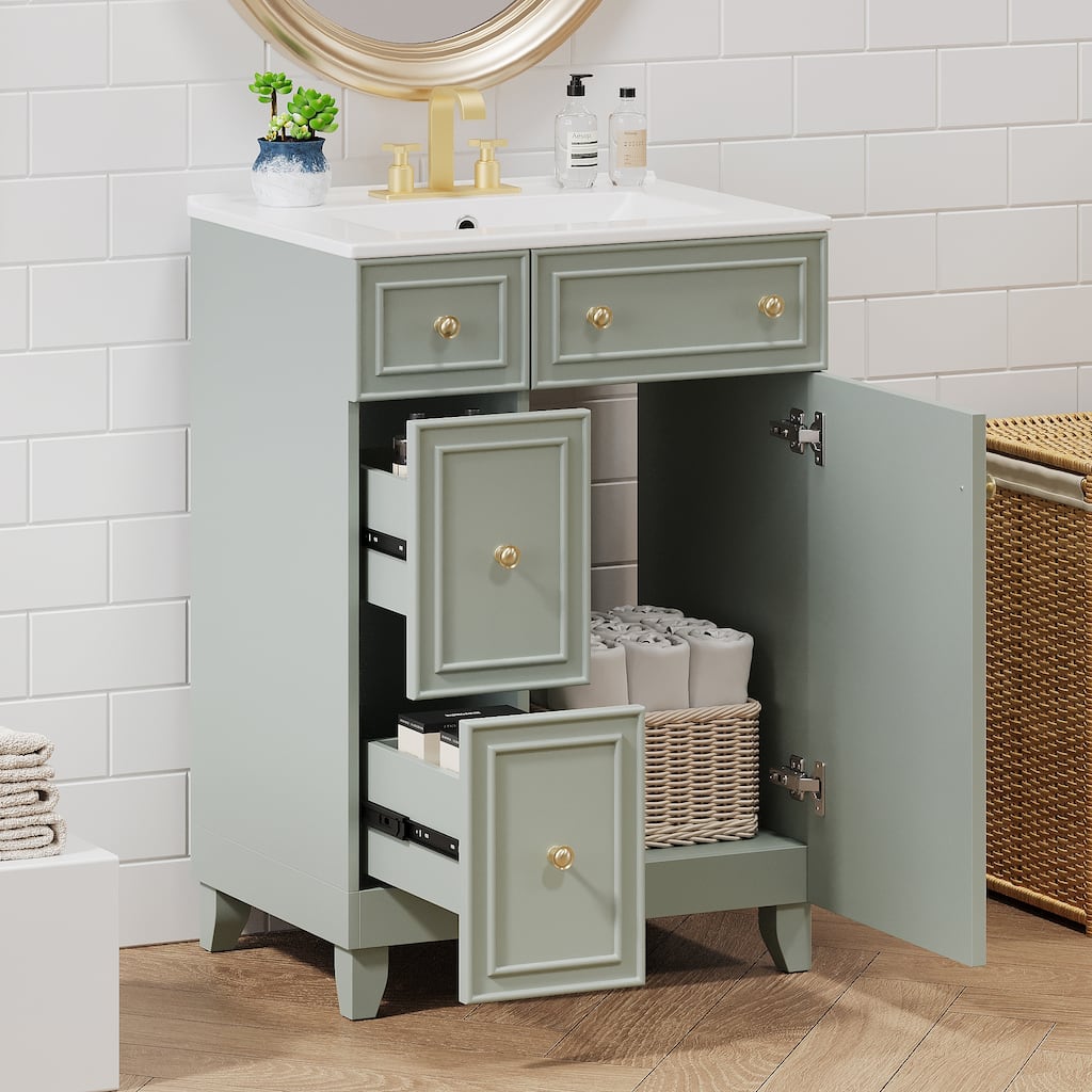 24-Inch Bathroom Vanity Cabinet with Ceramic Sink and 2 Drawers