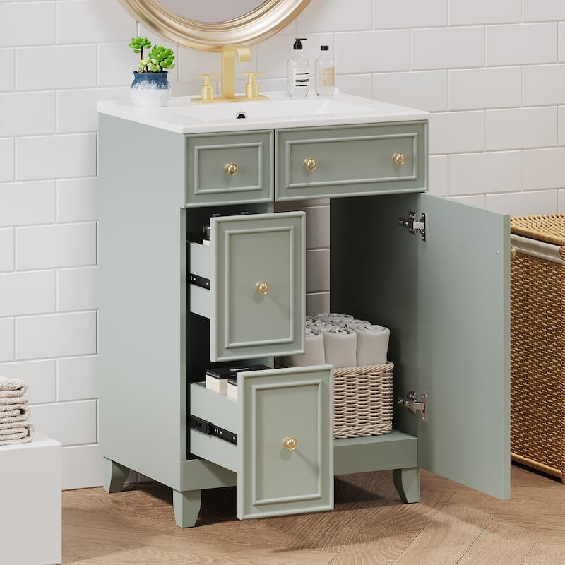 Bathroom Vanity Cabinet with Ceramic Sink, 2 Drawers & 1 Door - Green