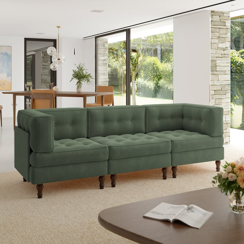 Oversized Modular Sectional Corduroy Fabric Tufted Sofa - Green-3 peice - Symmetrical