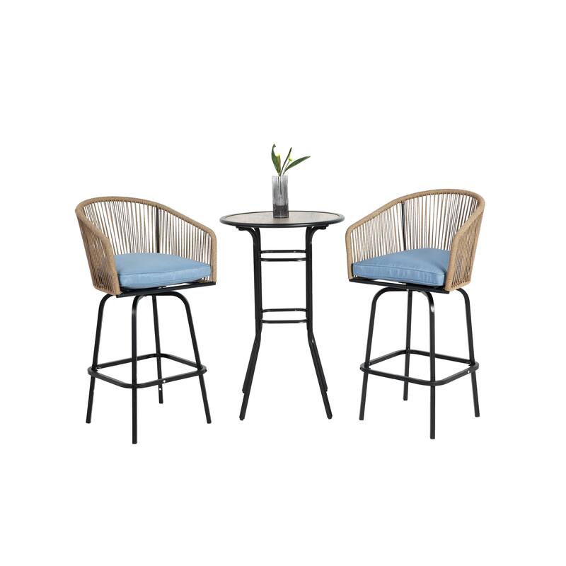 3pcs Outdoor Bar Set, Patio Bar Table and Chairs Set, Bar Height Patio Set - 2 x Swivel Bar Chairs , 1 x Round Bar Table