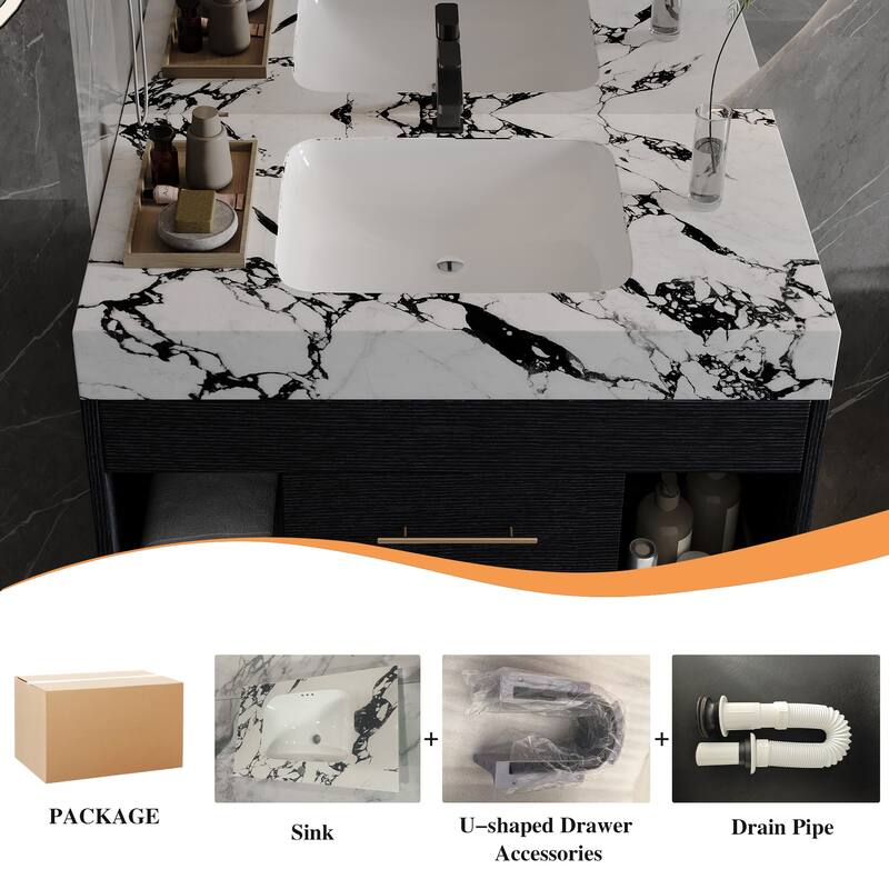 29.9" Floating Bathroom Vanity with Bulgari White Sintered Stone Top, Ceramic Undermount Sink & Storage