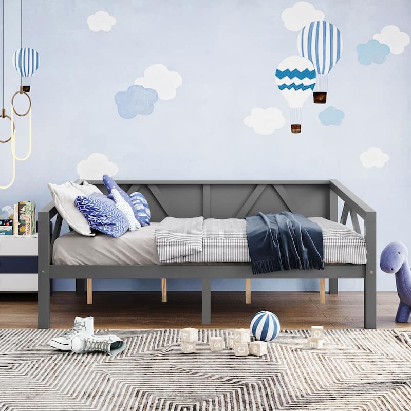 Versatile Sofa Bed Full Size Wooden Daybed with Backrest - Grey - Full