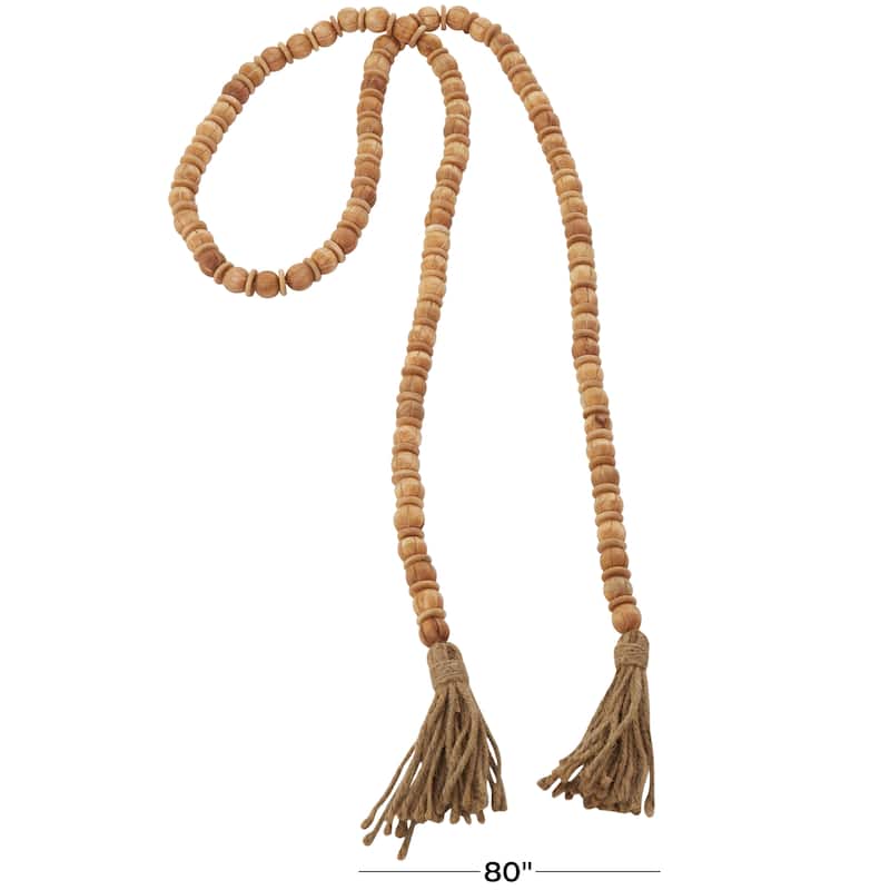 Brown Mango Wood Handmade Round Long Carved Beaded Garland with Tassel
