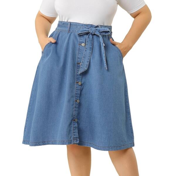 Plus Size Skirt Tie Waist Button Front A Line Midi Denim Skirts - Overstock -