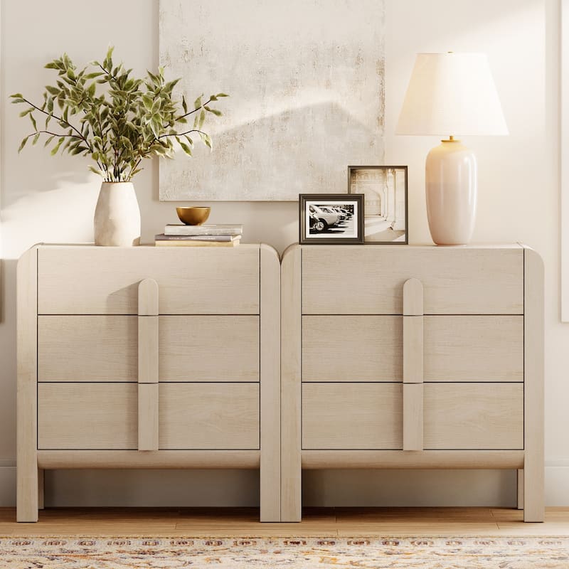 WAMPAT Modern Wood Nightstand With 3 Drawers ,31.5" Large Mid-Century End Table,Curved Bedside Table Storage Cabinet For Bedroom