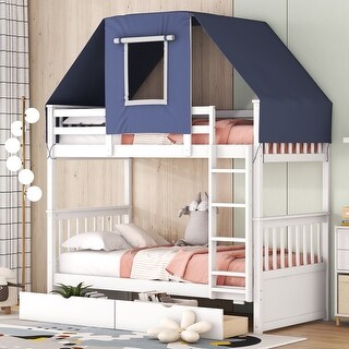 White+Blue Twin Over Twin Solid Pine Wood House-Shaped Bunk Bed with Tent and Drawers, Convertible to 2 Beds