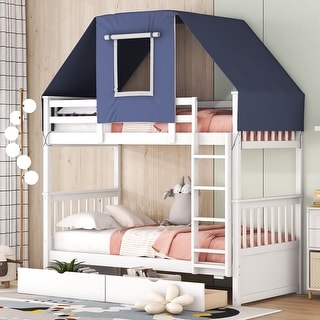 White+Blue Twin over Twin Bunk Bed Wood Bed with Tent and Drawers