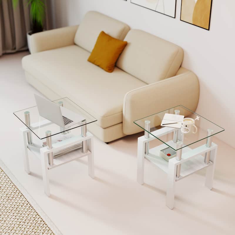 Set of 2 Modern Tempered Glass Tea Table,Tempered Glass Tabletop with MDF Layer,Coffee Table