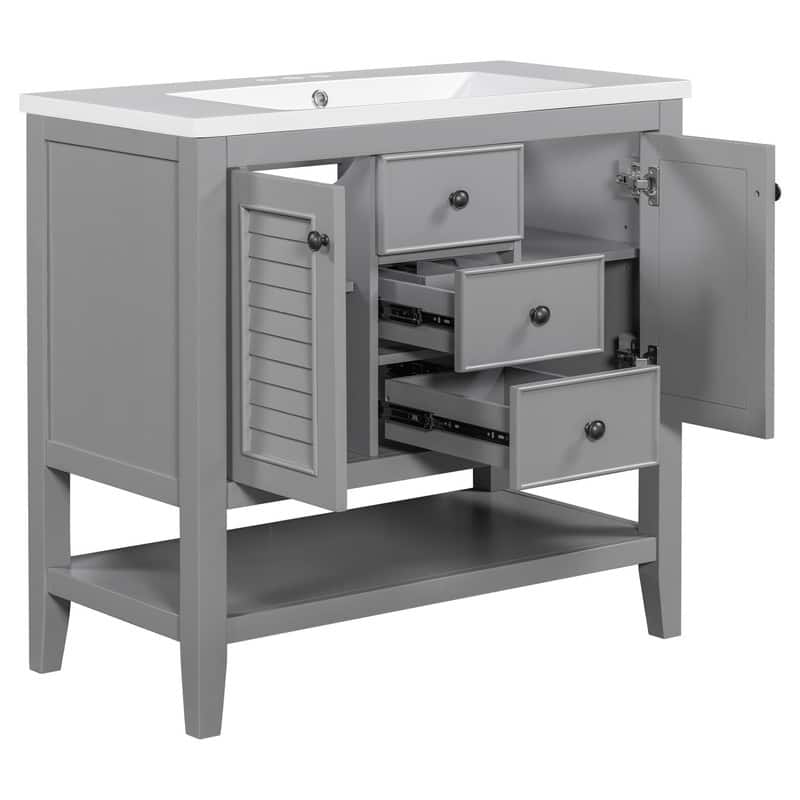 36" Bathroom Vanity with/without Sink, Bathroom Vanity Cabinet with 2 Cabinets and Drawers, Open Shelf, Solid Wood Frame