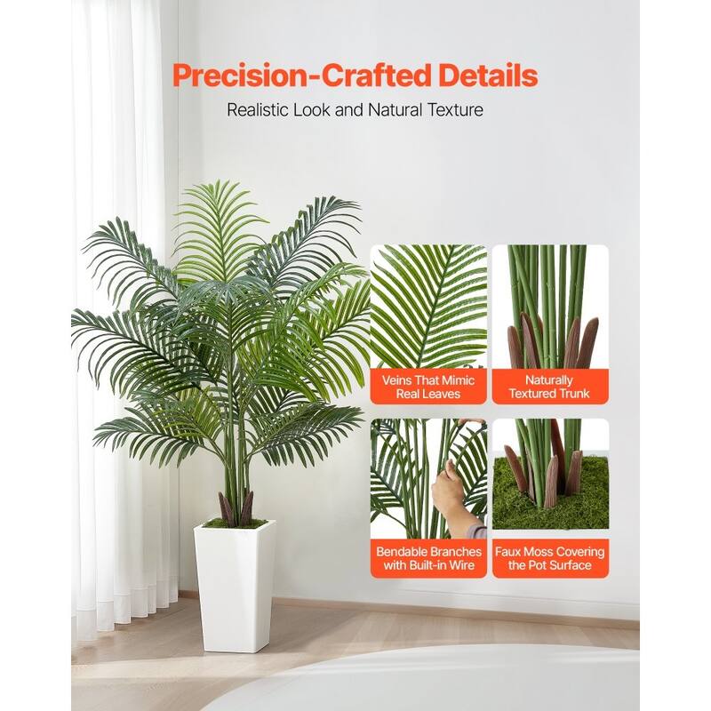 Green Lifelike Faux Areca Palm Tree with Moss-Covered Planter for Indoor Plant Decoration
