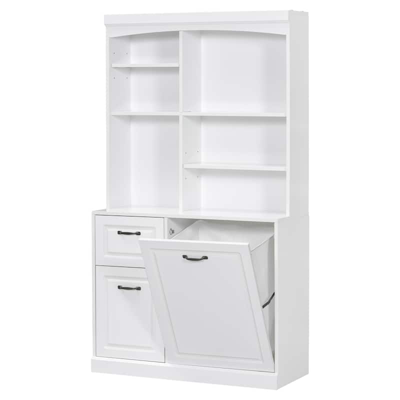 Roomfitters Bathroom Cabinet with Tilt-Out Hamper Adjustable Shelves Drawers and Tall Freestanding MDF Tower, White