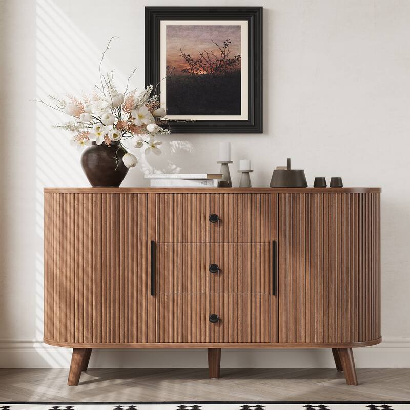 Sideboard Buffet Cabinet with 2 Sliding Tambour Doors and 3 Drawers, Storage Cabinet with Adjustable Shelves for Living Room