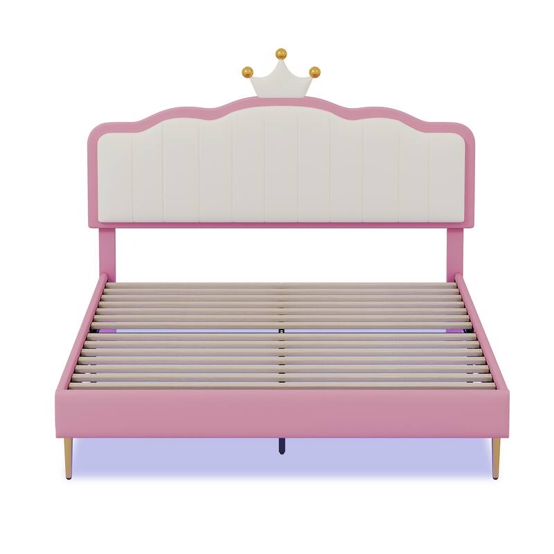 Twin/Full Size Upholstered Kids Princess Bed with Crown Headboard, PU Leather Platform Bed Frame with Light Strips