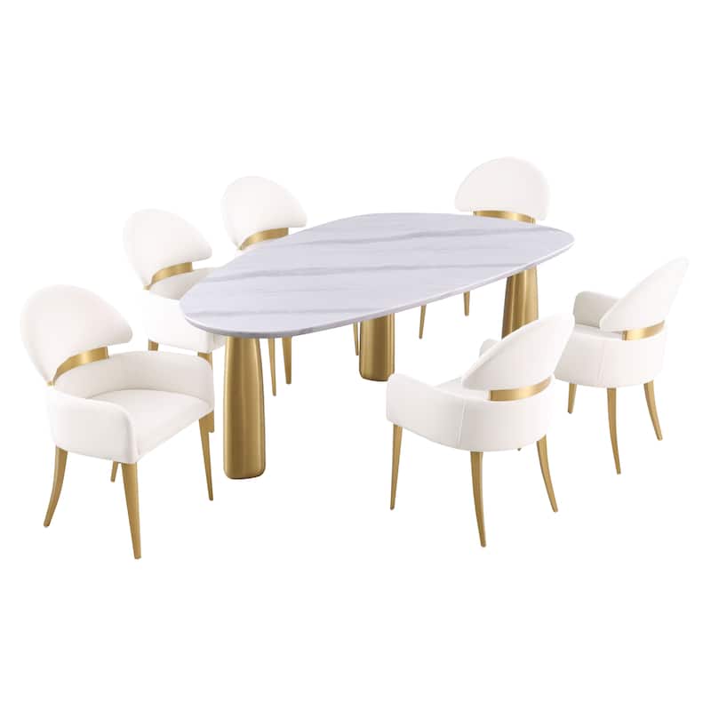 Furniture of America Luvien Modern 7-Piece White Sintered Stone Top Oval Dining Table Set