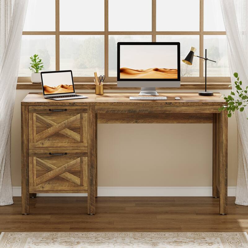 55-Inch Computer Desk with 2 Drawers, Home Office Desk with Heavy Duty Legs, Rustic Brown