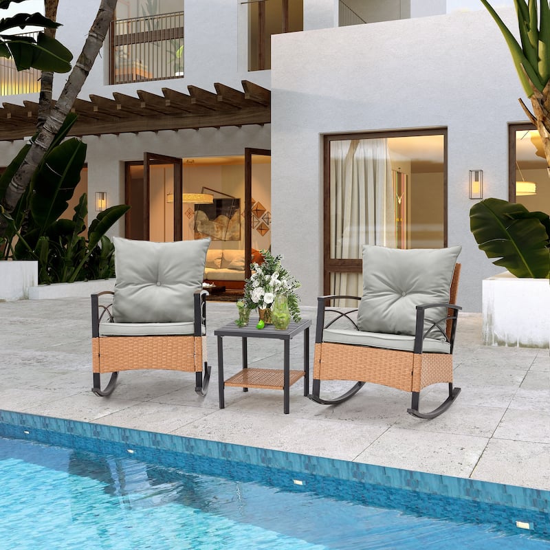 3-Piece Outdoor Rocking/Swivel Chair Set - PE Rattan Patio Furniture with Cushions & Coffee Table, Rocker Chairs for Backyard - Rocking Chair - Grey