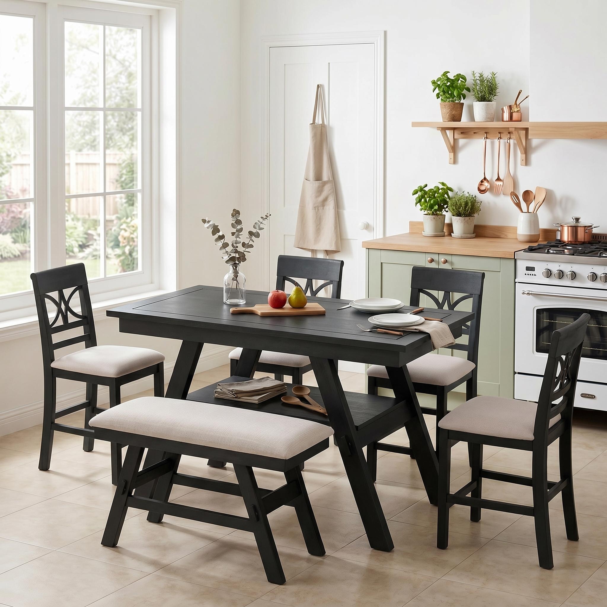 6-Piece Espresso Counter Height Dining Table Set with Bench & 4 Chairs