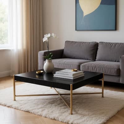 HomeRoots 42" Black and Gold Solid Wood and Steel Square Coffee Table - 42.00 in. x 17.30 in. x 42.00 in.