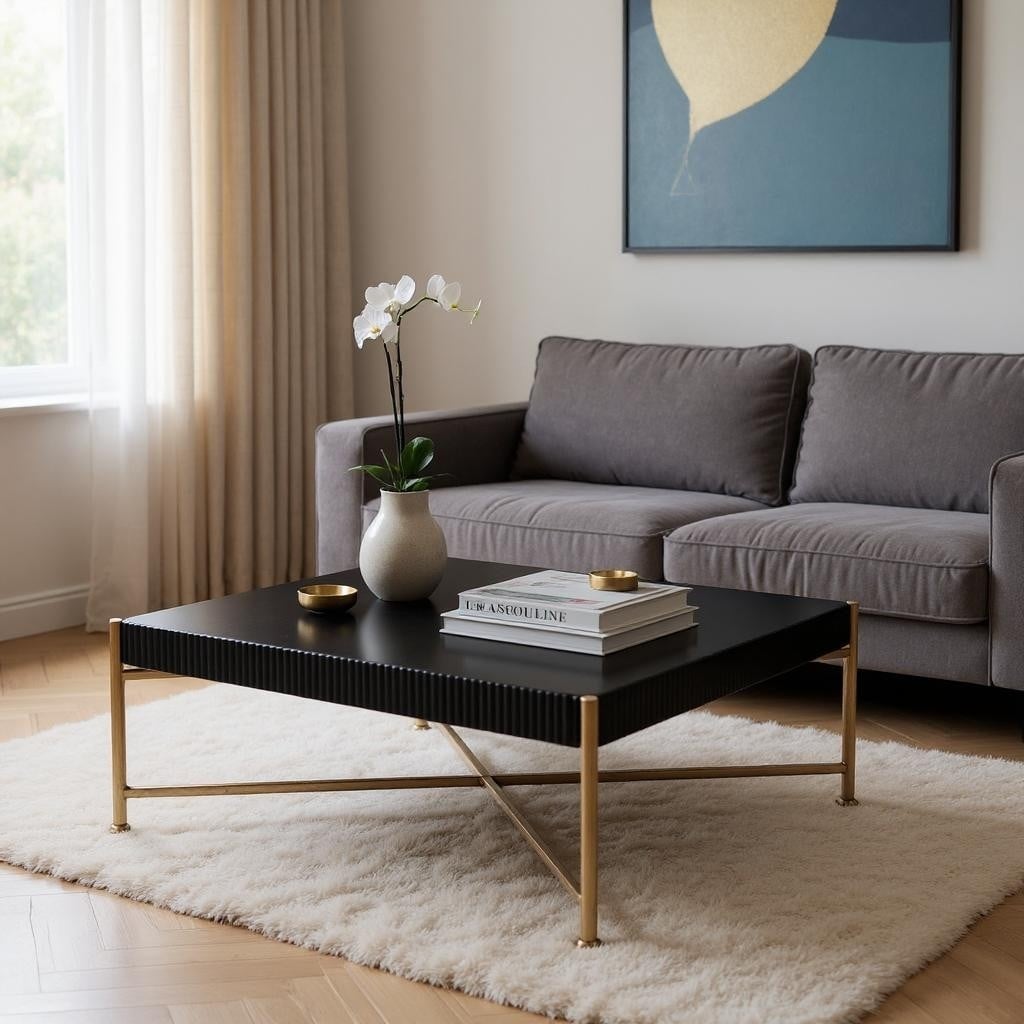 HomeRoots 42" Black and Gold Solid Wood and Steel Square Coffee Table - 42.00 in. x 17.30 in. x 42.00 in.