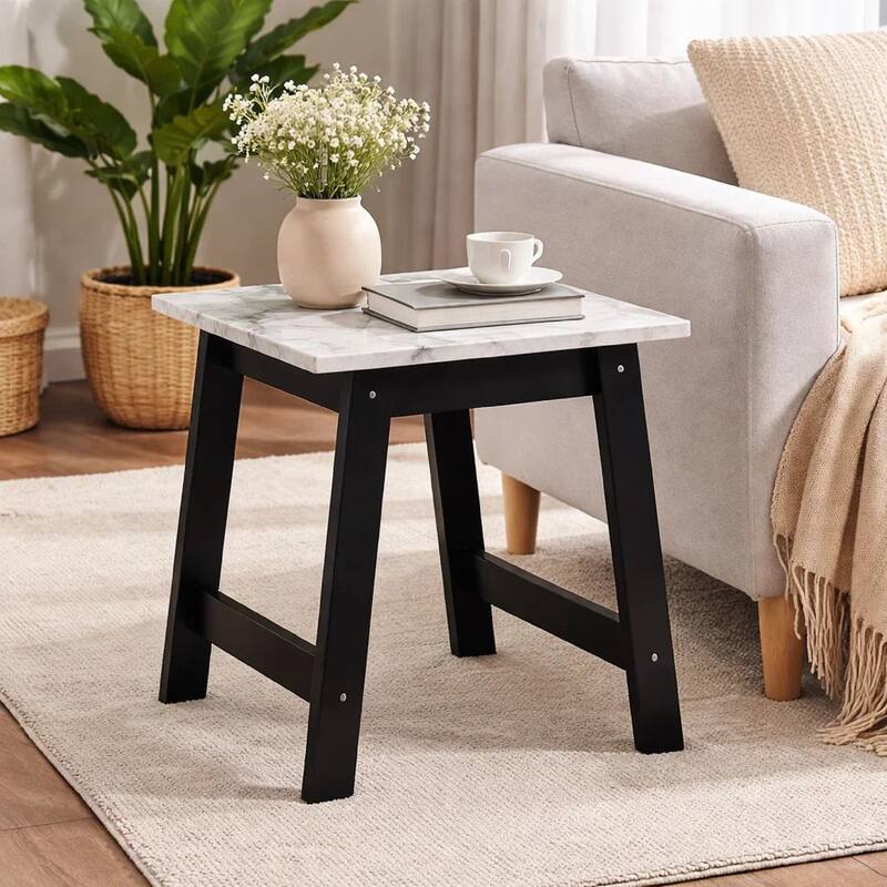 Oz 19 Inch Modern End Table with Faux Marble Finished Tabletop, Black