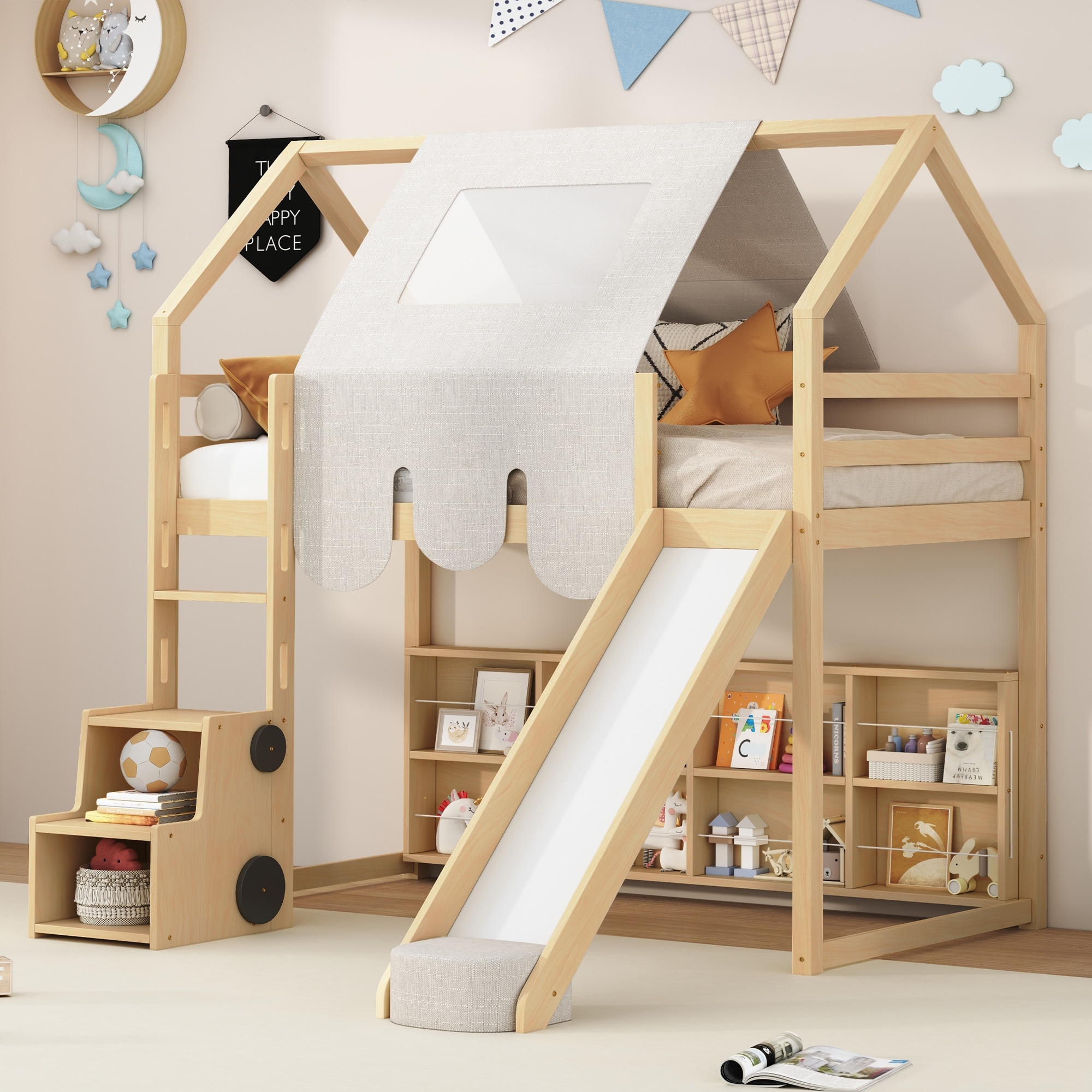 Roomfitters Twin Size Wooden Loft Bed with House-Shaped Frame and Tent, Stylish Loft Design, Natural + Beige