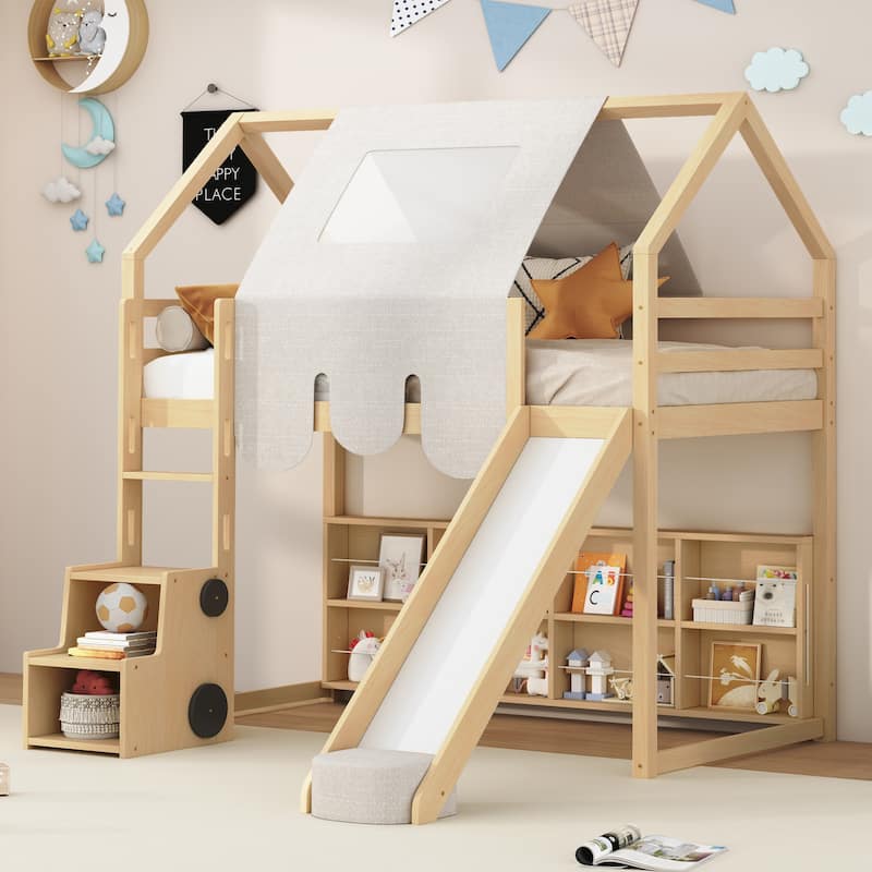 Twin Wooden Loft Bed with House Frame Slide Ladder and Storage Shelves - Natural - Twin