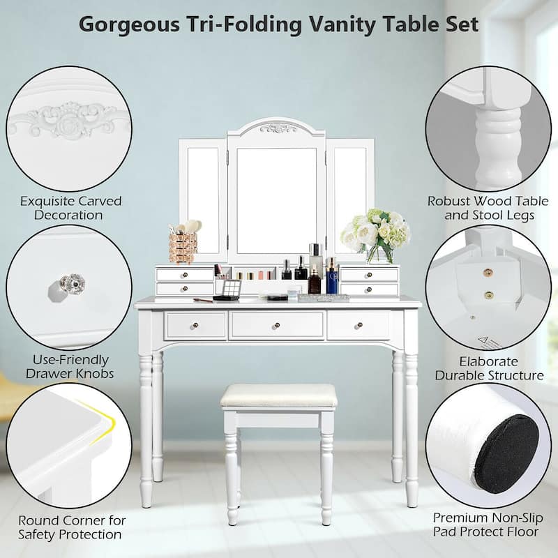 Tri-folding Mirror Vanity Table Set with Stool