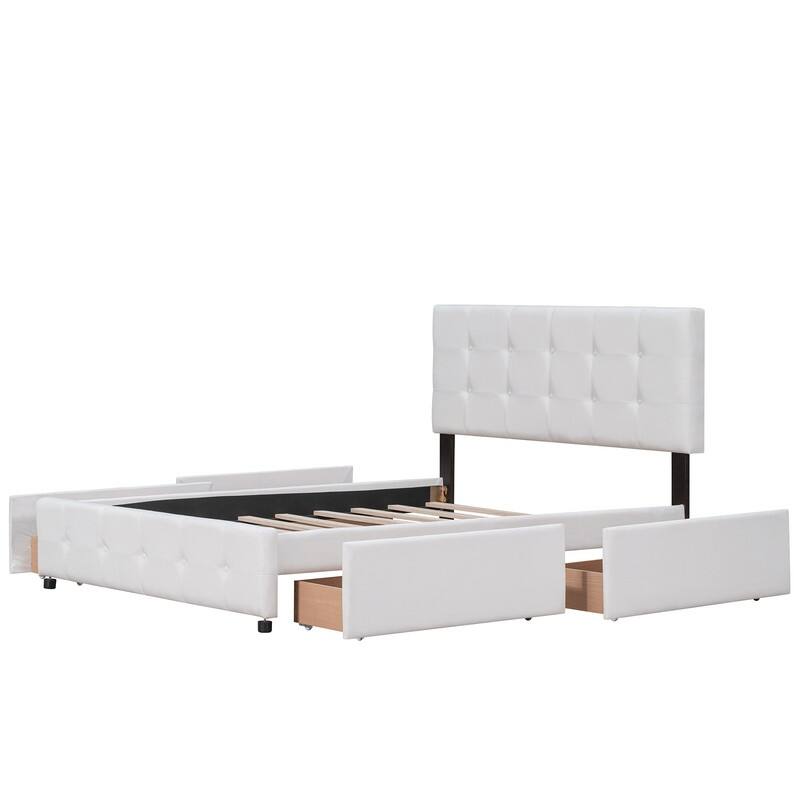 Queen Upholstered Bed Frame with 4 Drawers, Linen Fabric Platform Storage Bed with Classic Headboard and Wooden Slats Support