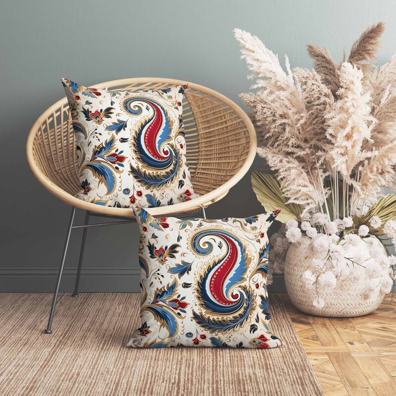 Lavish Paisley Indoor/Outdoor Reversible Throw Pillow Blue and Red