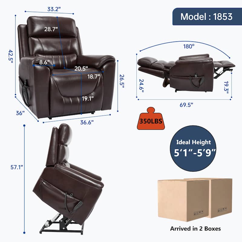 Roomfitters Dual Motor Power Lift Recliner 180 Flat Infinite Position Heat Massage Heavy Duty Leatherair Sofa
