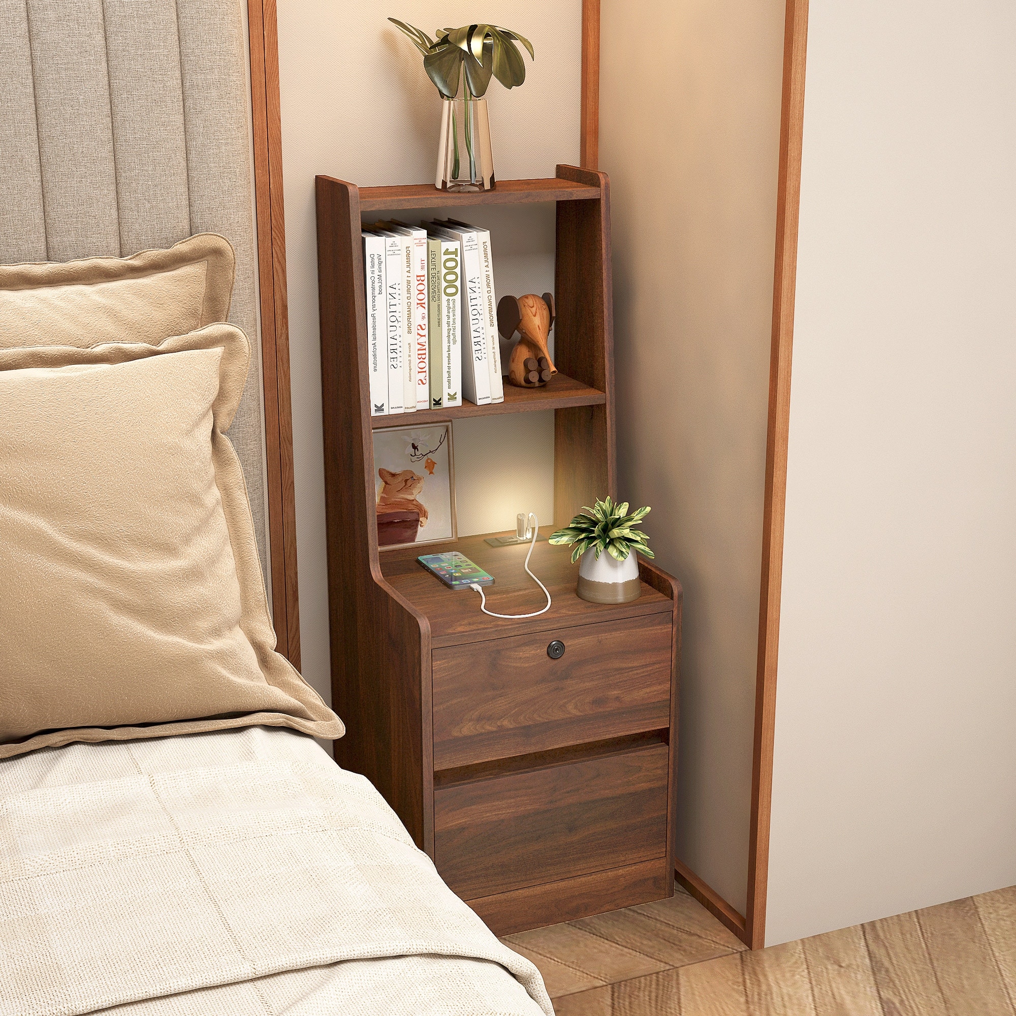 Nightstand with Charging Station Nightstand with Night Light Night Stand with Bookshelf Bedside Tables with Storage Cabinet Wood