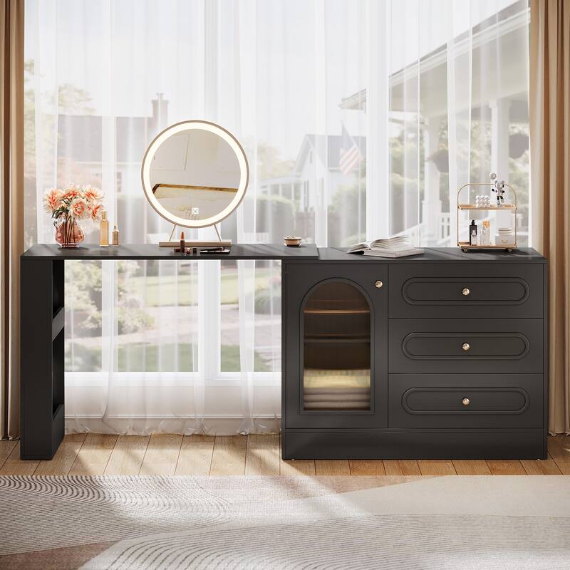 Modern 360° Rotatable Vanity Desk with 3 Drawers, White Corner Vanity