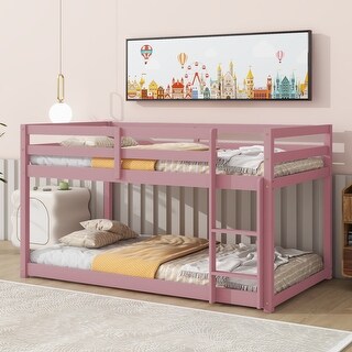 Pink Twin over Twin Size Wood Floor Bunk Bed with Ladder and Fence for Bedroom