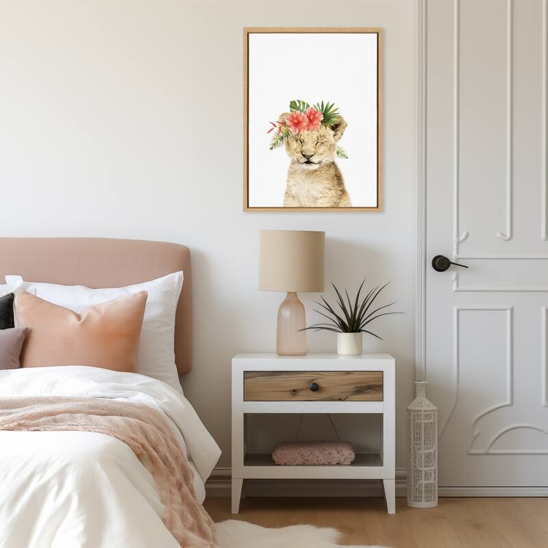 Kate and Laurel Sylvie Flower Crown Lion Cub Framed Canvas by Amy Peterson