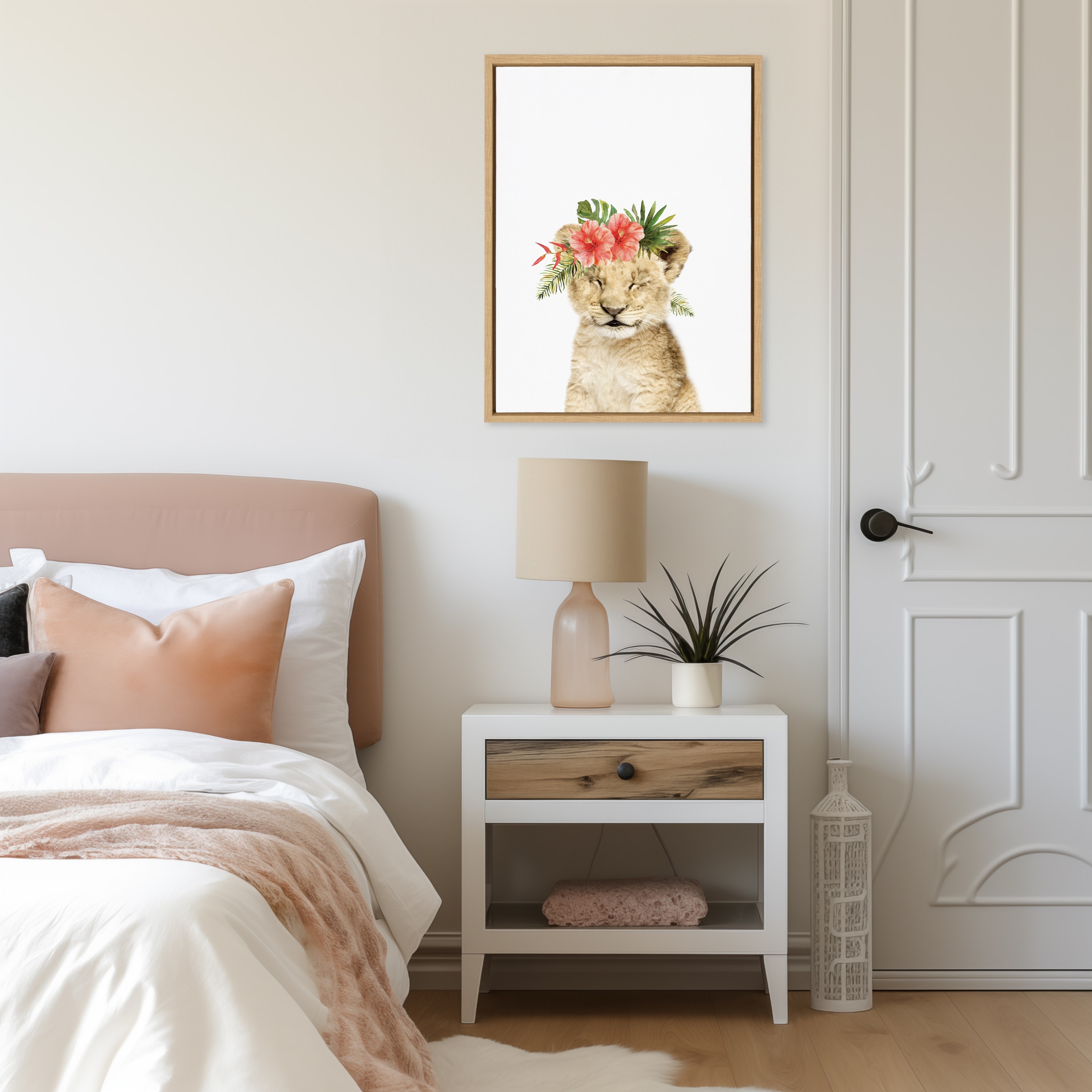 Kate and Laurel Sylvie Flower Crown Lion Cub Framed Canvas by Amy Peterson