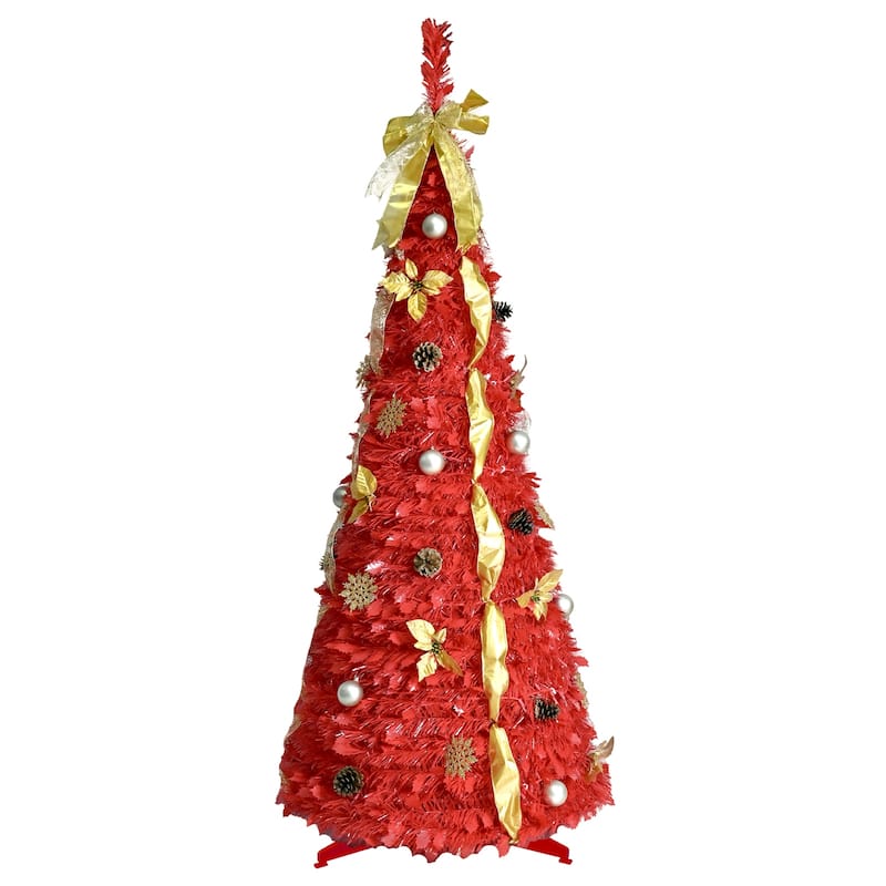 6FT Red Pop-Up Christmas Tree,150 Warm White LED Lights,Ornaments Included-4 Ribbons,Bow,Flowers,Snowflakes,Pine Cones&Balls