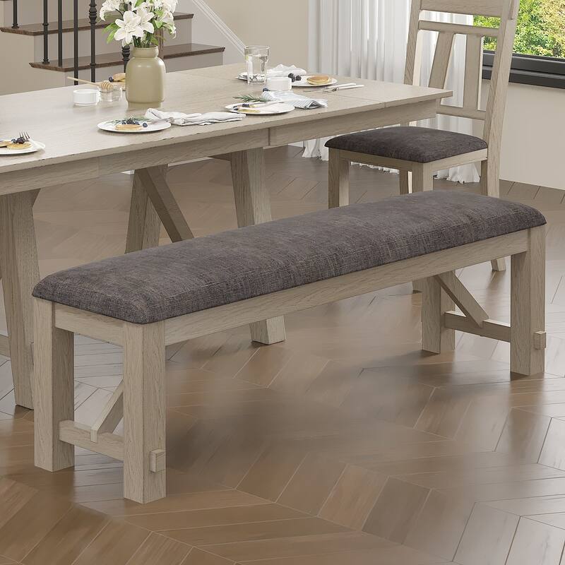 VECELO Dining Table Set with Bench, Solid Wood Rectangular Extendable Dining Table & Solid Wood Dining Chairs