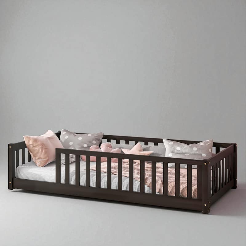 Twin Floor Bed with High Safety Fence, Rubber Wood Construction, Easy Assembly - Espresso - Twin