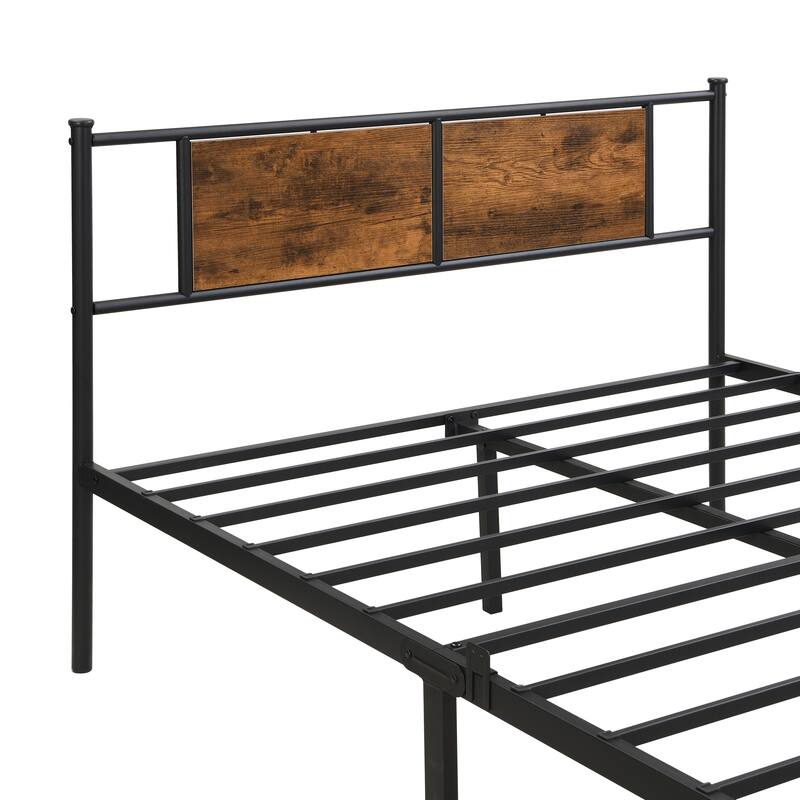 Metal Platform Bed Frame with Headboard and Wood Panel Decoration, Twin, Full, and Queen Sizes Bedroom Furniture