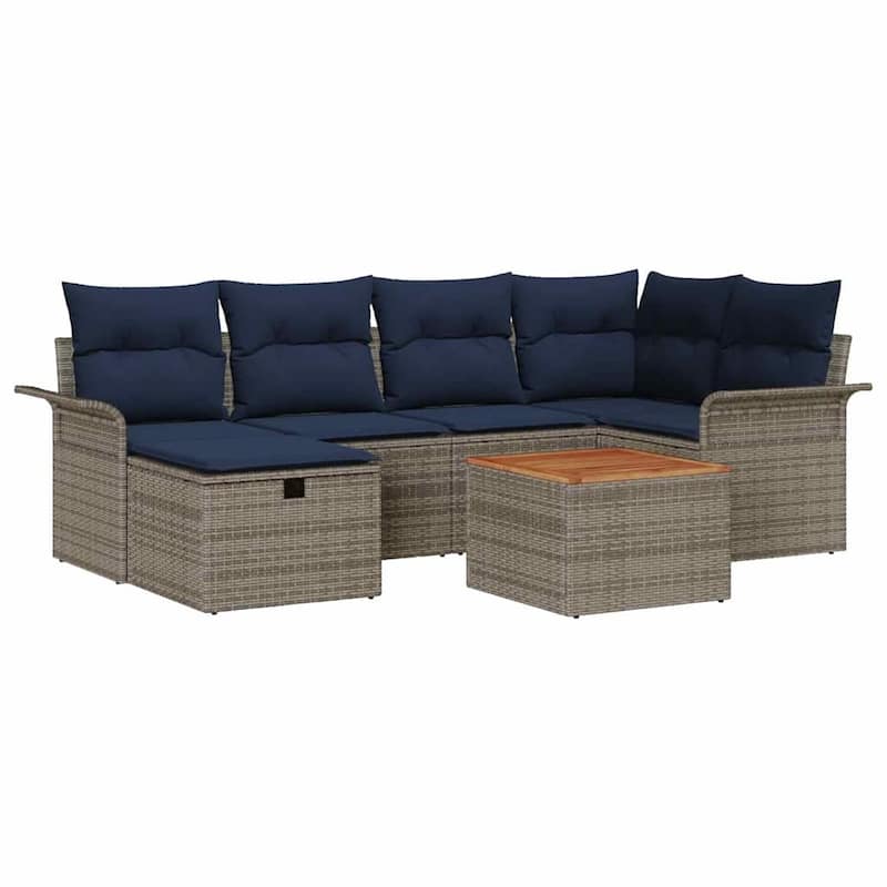 vidaXL 7 Garden Sofa Set with Cushions Black/Grey Poly Rattan - 95.5 x 52.2 x 27.2
