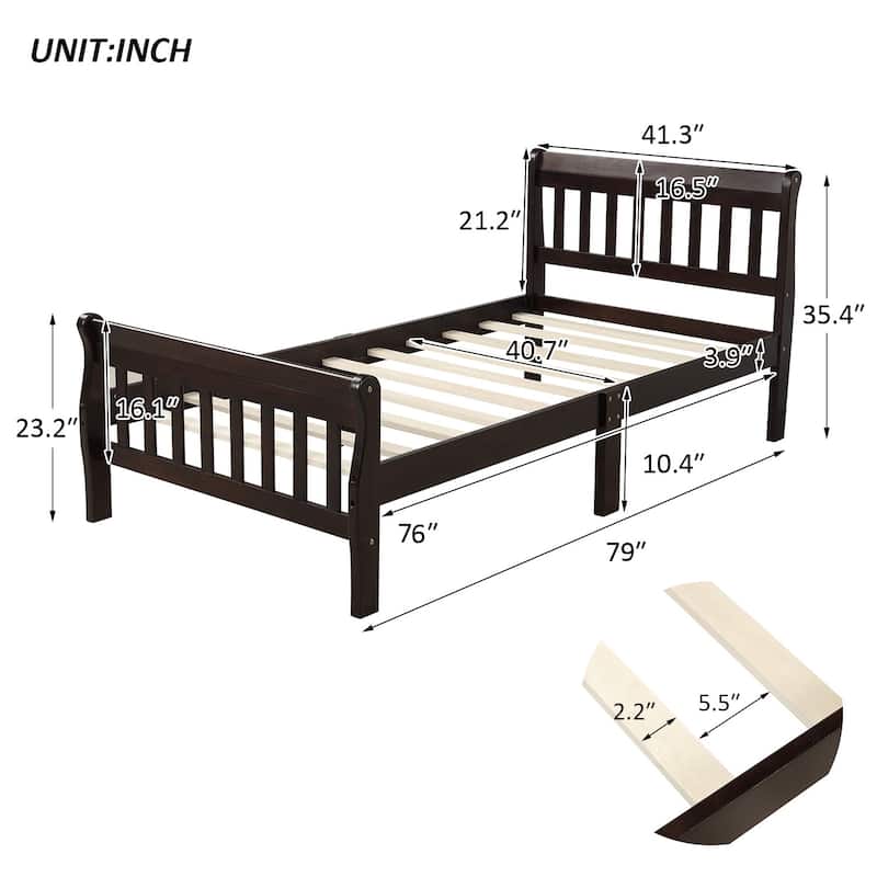 Classic Sleigh Bed Twin Size Platform Bed with Hollow Design Headboard and Footboard, Solid Wood Frame with Slat Support