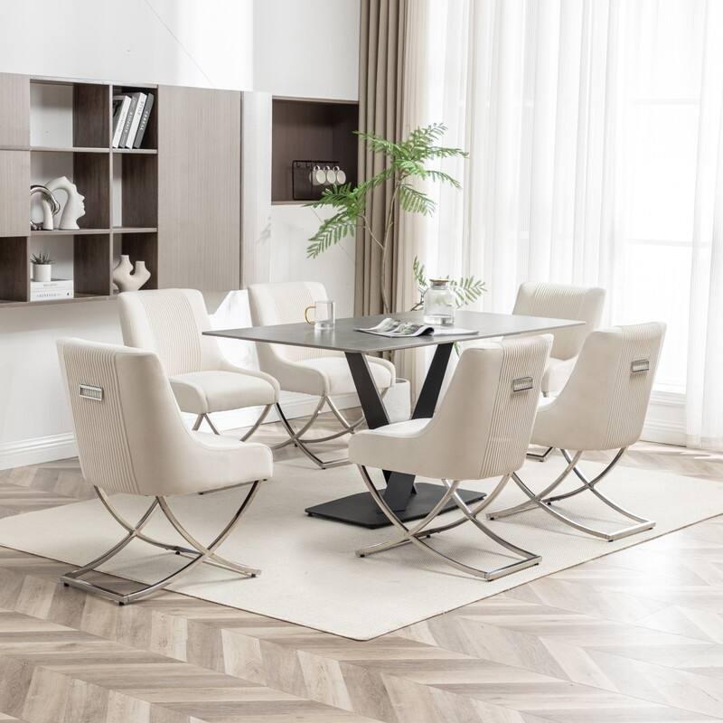 SEYNAR Contempoary Velvet Dining Chair Set of 6 with Metal Frame Legs and Back Pull - Beige